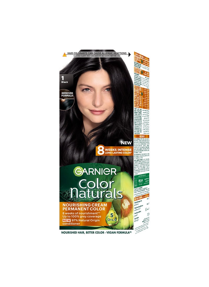 garnier Color Naturals Nourishing Permanent Hair Color, Natural Long-Lasting Shiny Color, 1.0 - Black Black Noir 112ml - Image 1