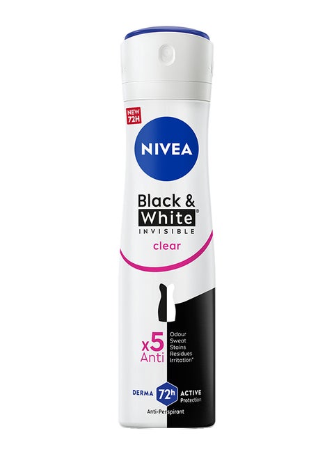Black And White Invisible Antiperspirant Deodorant Spray For Women Clear, 72H Active Protection, 5IN1 Anti-Odour Sweat Stains Residues And Irritation Multicolour 150ml