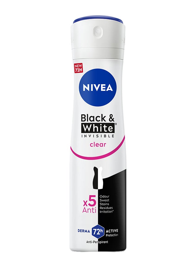 Nivea Black And White Invisible Antiperspirant Deodorant Spray For Women Clear, 72H Active Protection, 5IN1 Anti-Odour Sweat Stains Residues And Irritation Multicolour 150ml  - Image 1