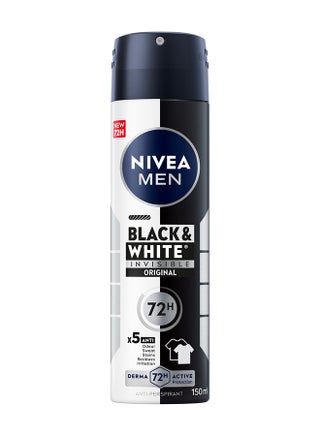 Men Black And White Invisible Antiperspirant Deodorant Spray Original 72H Active Protection 5In1 Anti-Odour Sweat Stains Residues Andirritation Black & White 150ml - view 2