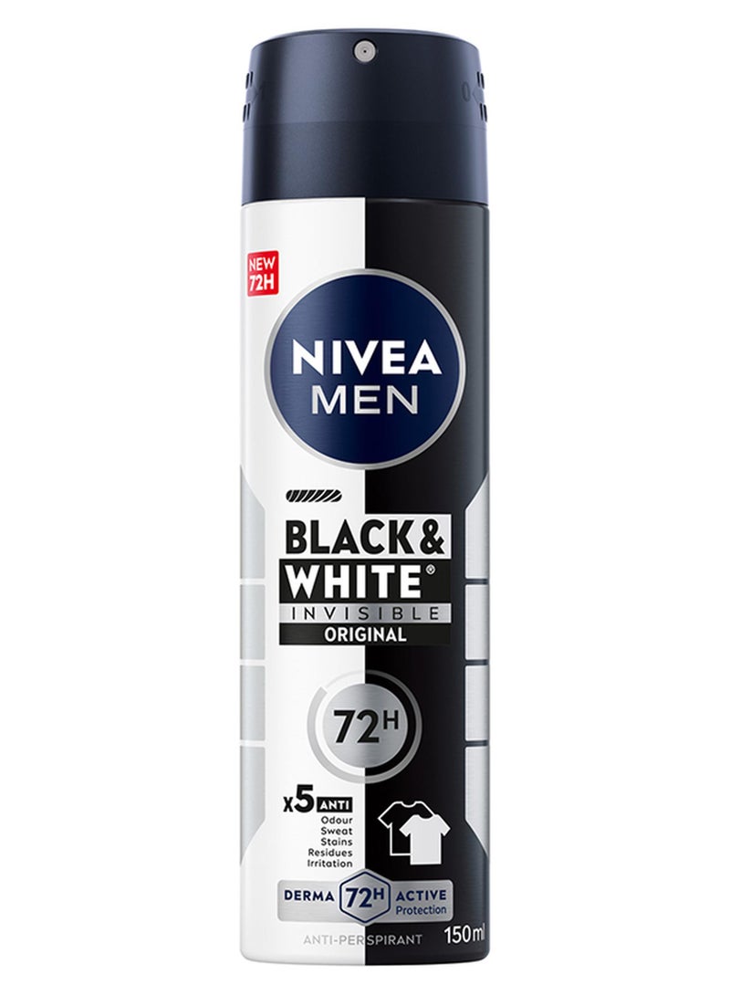 Nivea Men Black And White Invisible Antiperspirant Deodorant Spray Original 72H Active Protection 5In1 Anti-Odour Sweat Stains Residues Andirritation 150ml - Image 1