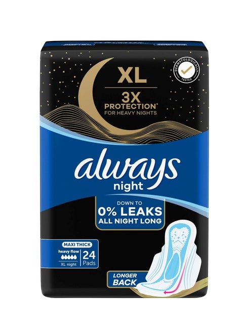 XL Night Pads, 3x Protection for Heavy Nights, Maxi Thick, 24 Pads