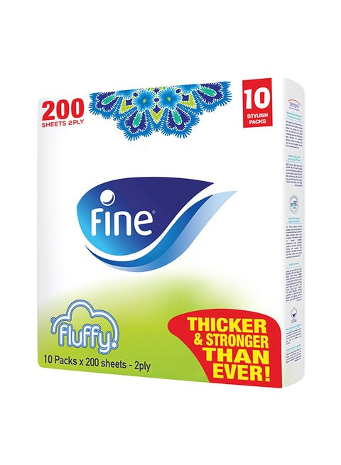 Fluffy Facial Tissue, 2 Ply, 200 Sheets Pack Of 10 White