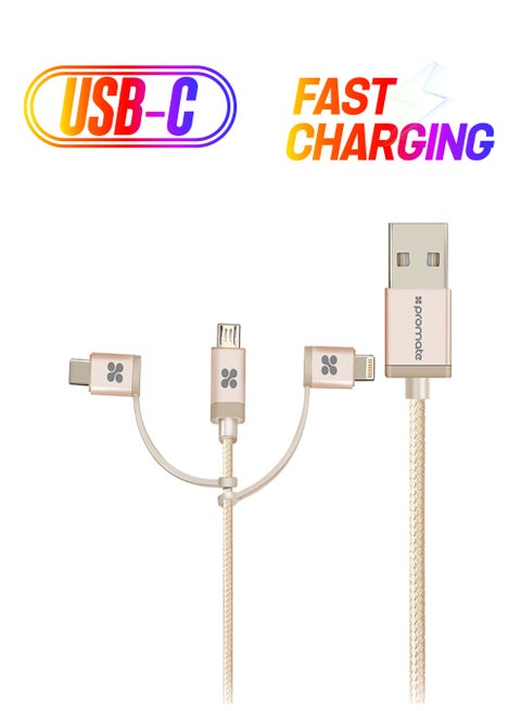 USB-C Type C, Micro USB, Apple MFi Lightning Cable 3 in 1 Triple Head Data and Charge Cable For Apple, Android and Type C Devices, Unilink-Trio Gold