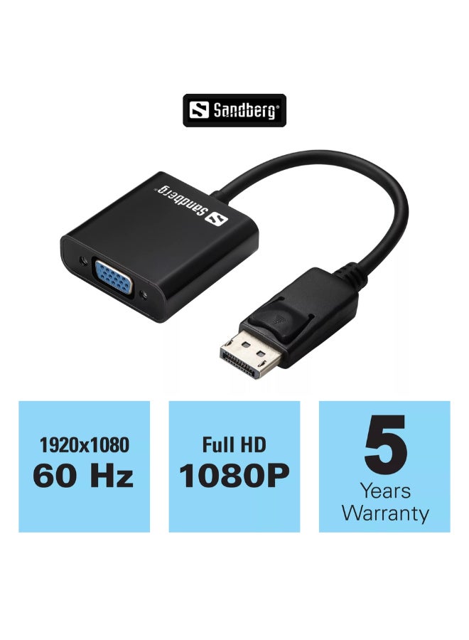 Sandberg DisplayPort to VGA Adapter, DP to VGA Male to Female Converter, Full HD 1080P @ 60Hz, Compatible with DisplayPort Laptops, Desktops and Monitors, Black Black - Image 2