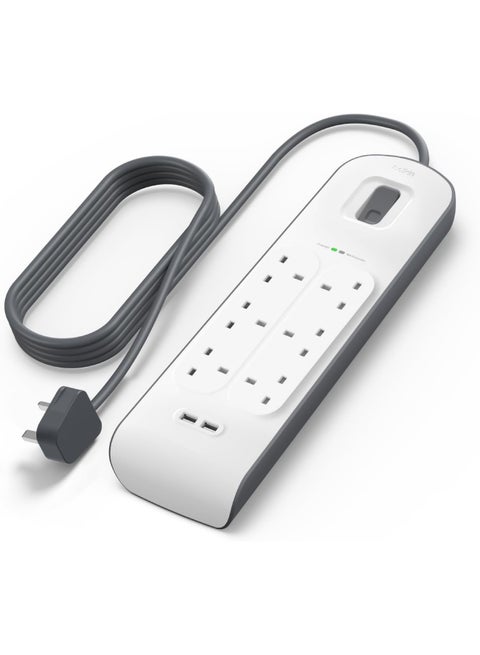 6 Way 2 Meter Surge Protection Strip with 2 x 2.4 Ampere USB Charging White 2meter
