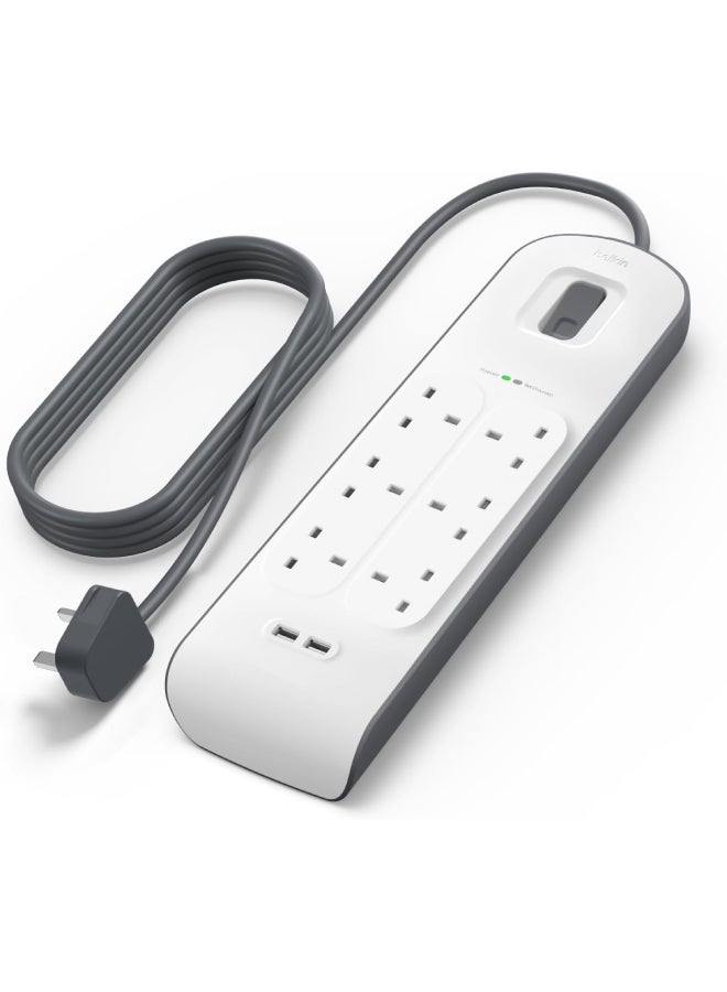 6 Way 2 Meter Surge Protection Strip with 2 x 2.4 Ampere USB Charging White 2meter