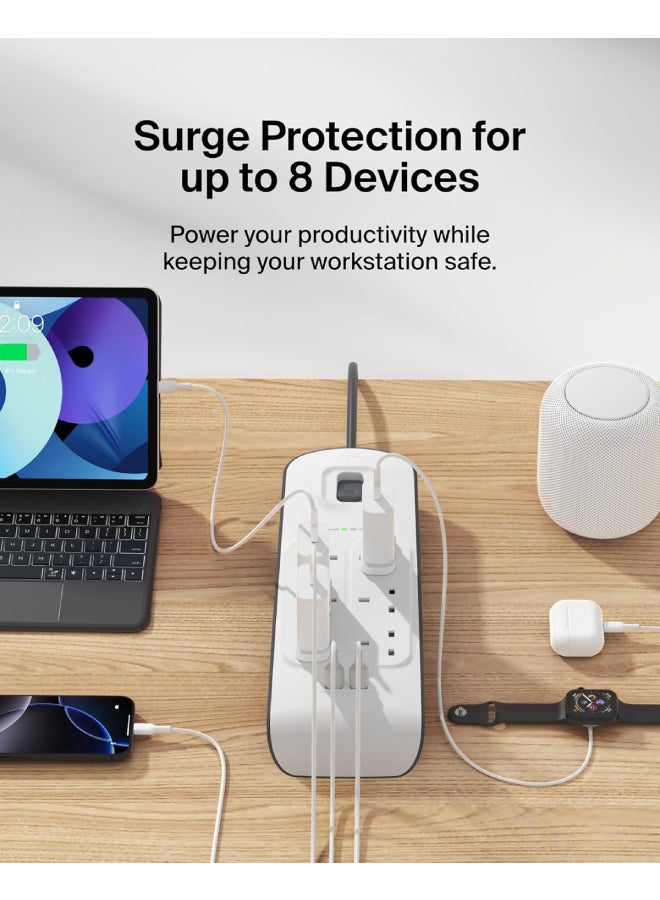 6 Way 2 Meter Surge Protection Strip with 2 x 2.4 Ampere USB Charging White 2meter