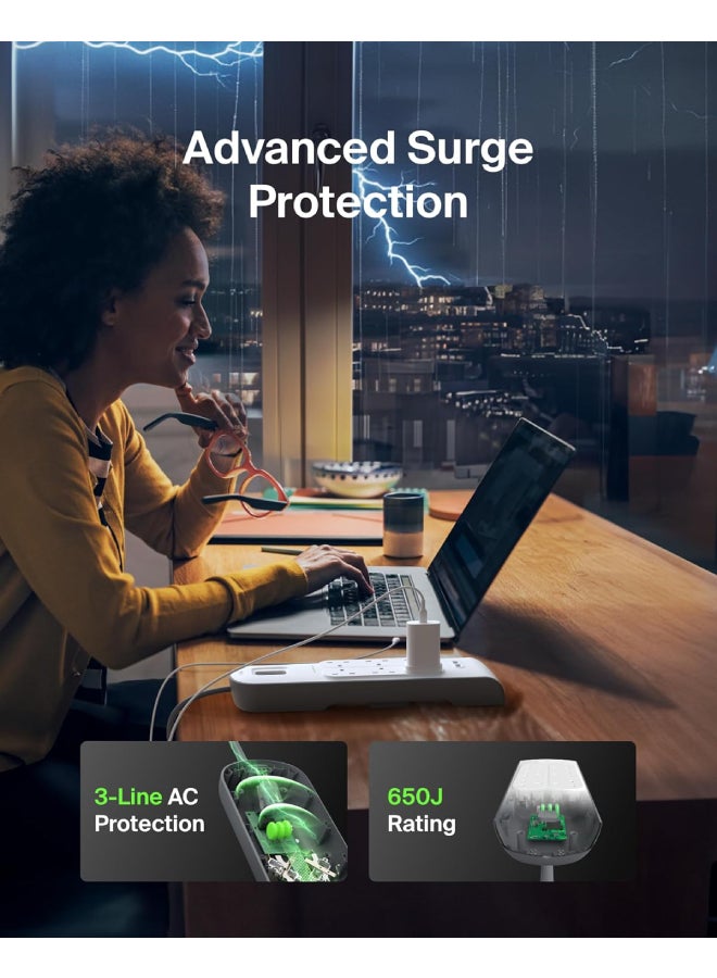 6 Way 2 Meter Surge Protection Strip with 2 x 2.4 Ampere USB Charging White 2meter