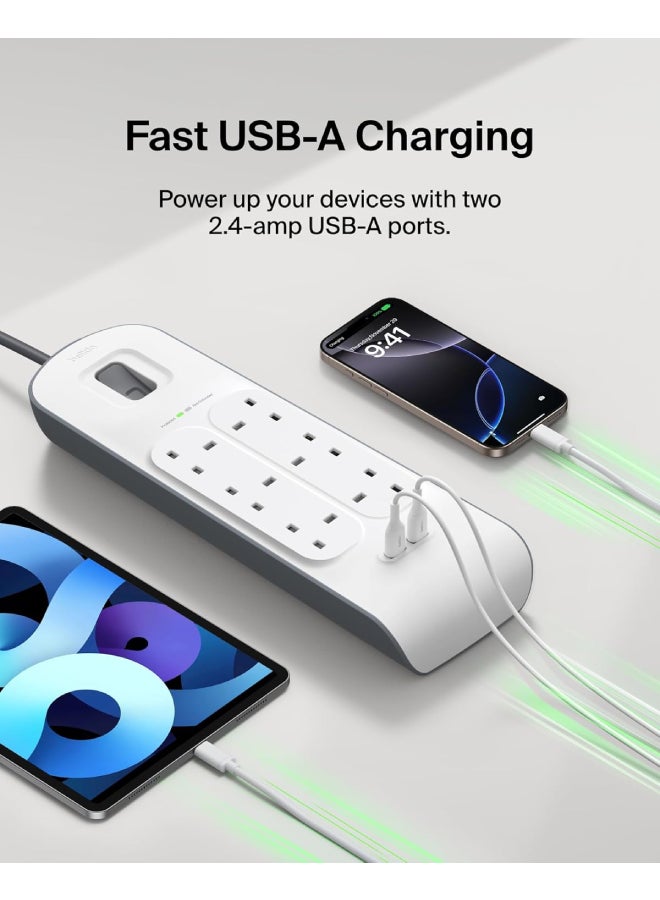 6 Way 2 Meter Surge Protection Strip with 2 x 2.4 Ampere USB Charging White 2meter