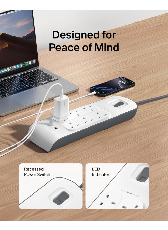 6 Way 2 Meter Surge Protection Strip with 2 x 2.4 Ampere USB Charging White 2meter