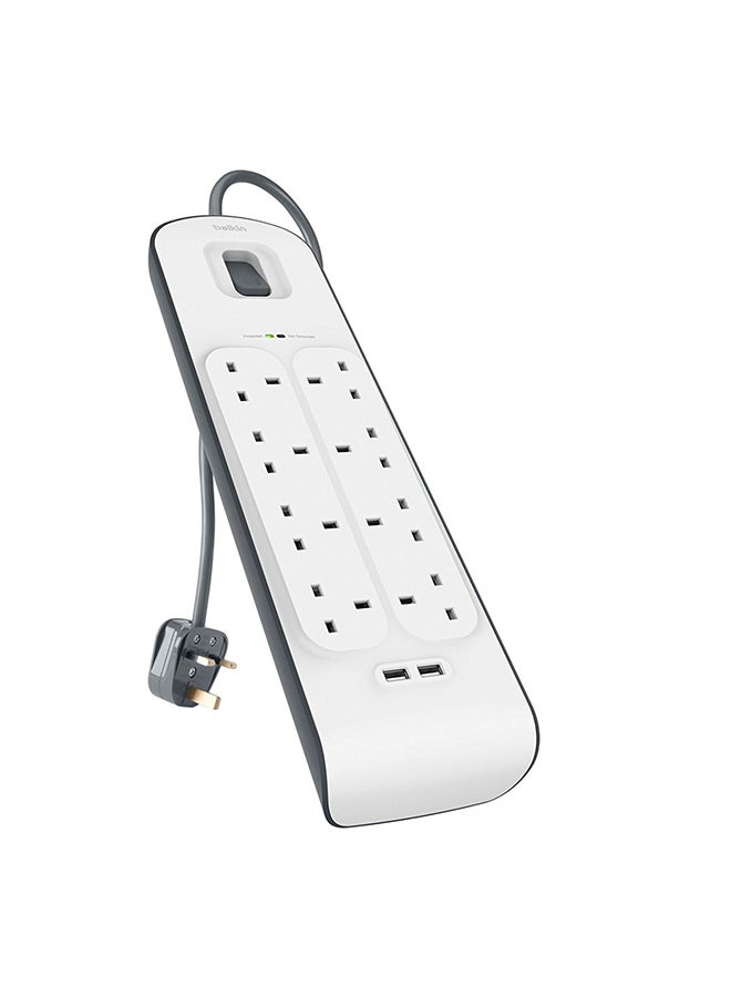 belkin 8 Way/8 Plug Surge Protection Strip With 2 Meters Cord Length - Heavy Duty Electrical Extension Socket x 2.4 A Shared USB Ports White 2meter  - Image 1