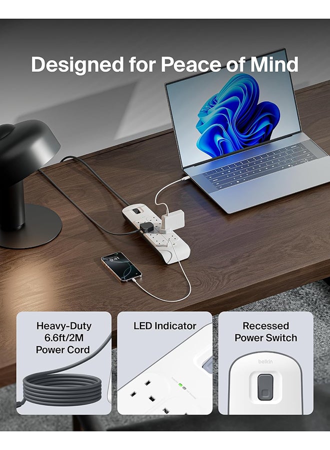 8 Way/8 Plug Surge Protection Strip With 2 Meters Cord Length - Heavy Duty Electrical Extension Socket x 2.4 A Shared USB Ports White 2meter
