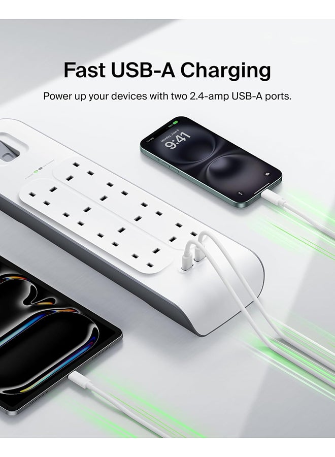 belkin 8 Way/8 Plug Surge Protection Strip With 2 Meters Cord Length - Heavy Duty Electrical Extension Socket x 2.4 A Shared USB Ports White 2meter  - Image 5