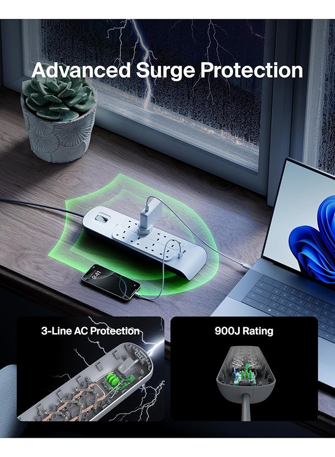 8 Way/8 Plug Surge Protection Strip With 2 Meters Cord Length - Heavy Duty Electrical Extension Socket x 2.4 A Shared USB Ports White 2meter