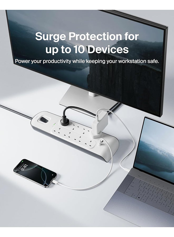 belkin 8 Way/8 Plug Surge Protection Strip With 2 Meters Cord Length - Heavy Duty Electrical Extension Socket x 2.4 A Shared USB Ports White 2meter  - Image 4