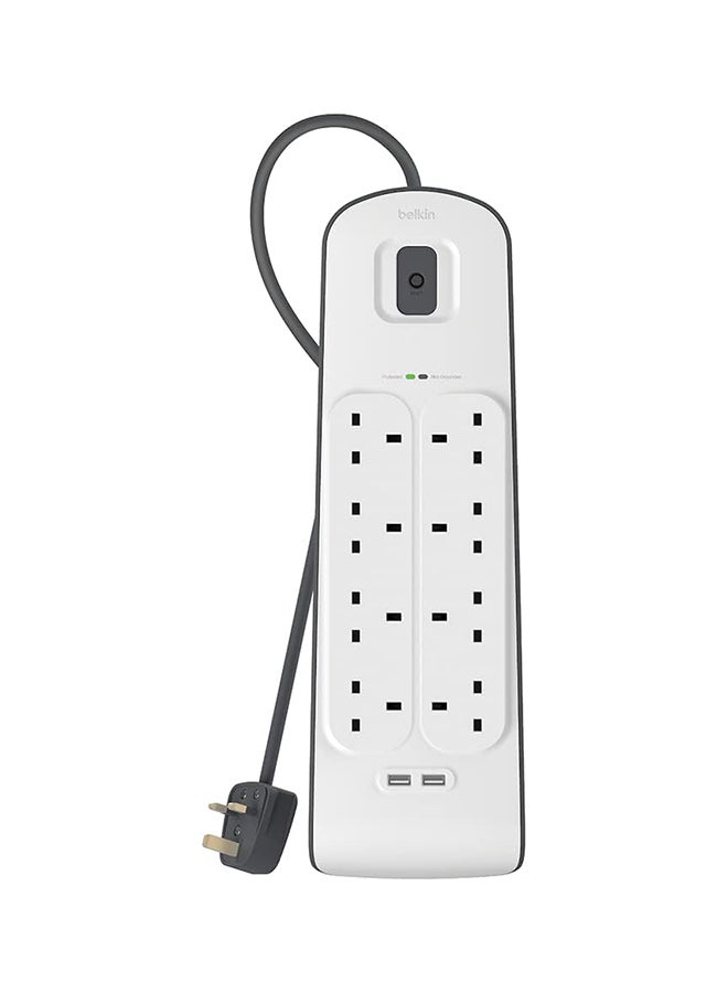 belkin 8 Way/8 Plug Surge Protection Strip With 2 Meters Cord Length - Heavy Duty Electrical Extension Socket x 2.4 A Shared USB Ports White 2meter  - Image 3