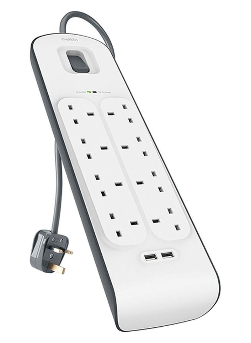 بيلكين شريط بيلكين للحماية من زيادة التيار 8 طرق/8 قابس مع سلك بطول 2 متر - مقبس تمديد كهربائي عالي التحمل مع 2 × 2.4 أمبير منافذ USB مشتركة أبيض 2 متر أبيض 2متر - Image 1