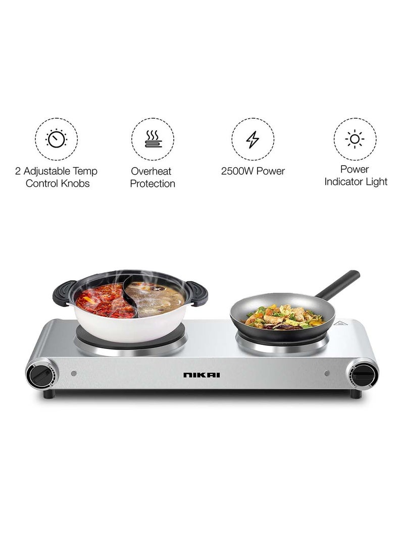 NIKAI - Double Hot Plate - Twin Cooktop, 2 Power, Adjustable Thermostat, Overheat Protection, Die Cast Iron Hotplates, Stainless Steel Body, Easy Control, Power Indicator Light 2500 W NKTOE5N2 Silver/Black - Image 1