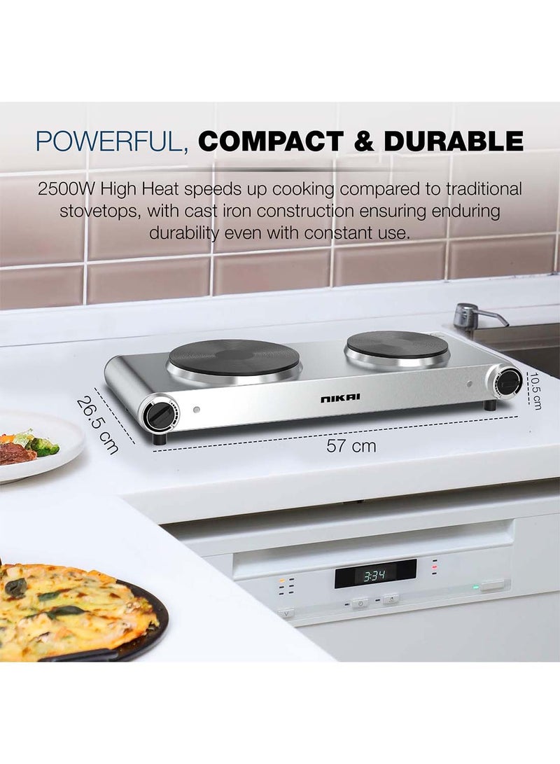 NIKAI - Double Hot Plate - Twin Cooktop, 2 Power, Adjustable Thermostat, Overheat Protection, Die Cast Iron Hotplates, Stainless Steel Body, Easy Control, Power Indicator Light 2500 W NKTOE5N2 Silver/Black - Image 1