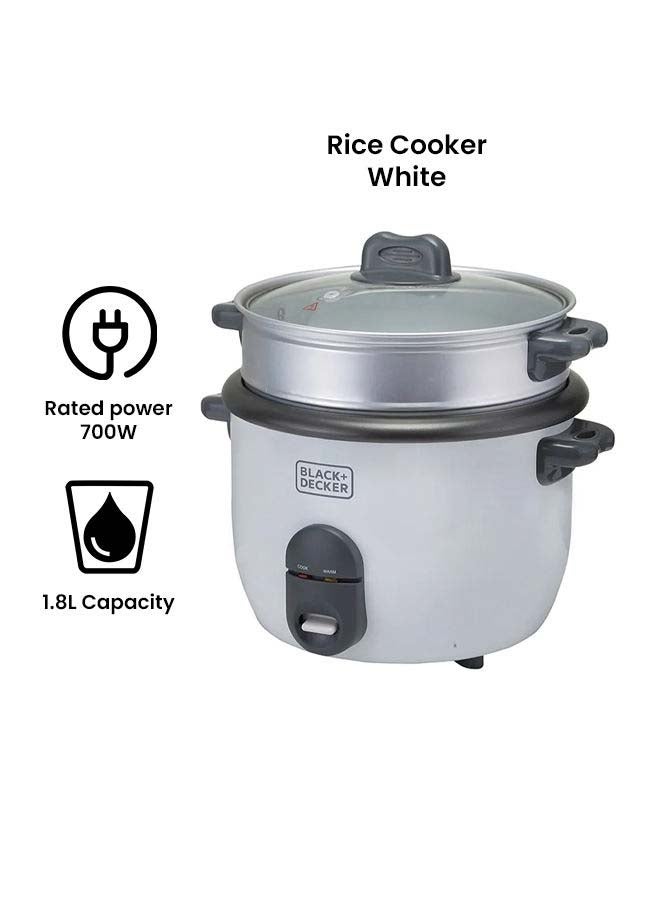 BLACK+DECKER Rice Cooker, Multifunctional Cooking Options, Removable Non-Stick Bowl, Steaming Tray, Water Level Indicator, Glass Lid, Cool Touch Handle, Compact, 1.8 L 700 W RC1860-B5 White - Image 2
