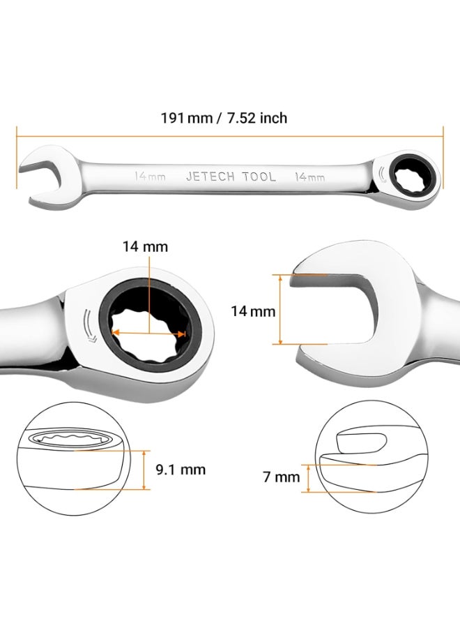 Jetech 14mm Ratchet Wrench, Ratcheting Combination Wrench Metric, Industrial Grade Gear Spanner with 12-Point Design, 72-Tooth Ratchet, Chrome Vanadium Steel for Auto & DIY Repair - GR-14 Silver - Image 2