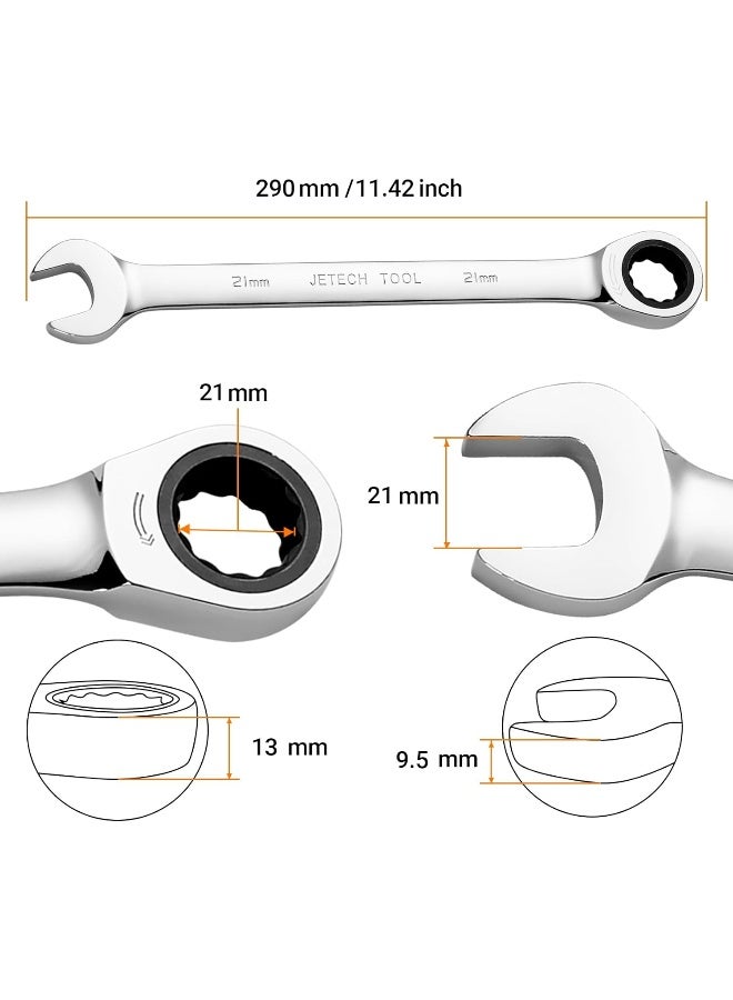 Jetech 21mm Gear Wrench - Metric Industrial Grade Cr-V Steel Ratcheting Combination Wrench, Ratchet Spanner in Polished Chrome Finish Silver - Image 1