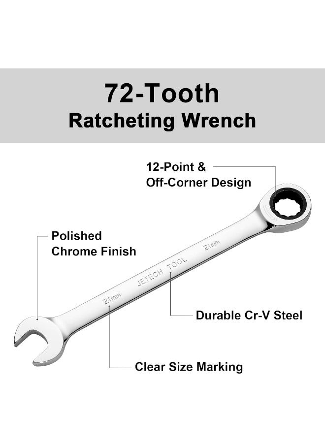 Jetech 21mm Gear Wrench - Metric Industrial Grade Cr-V Steel Ratcheting Combination Wrench, Ratchet Spanner in Polished Chrome Finish Silver - Image 5