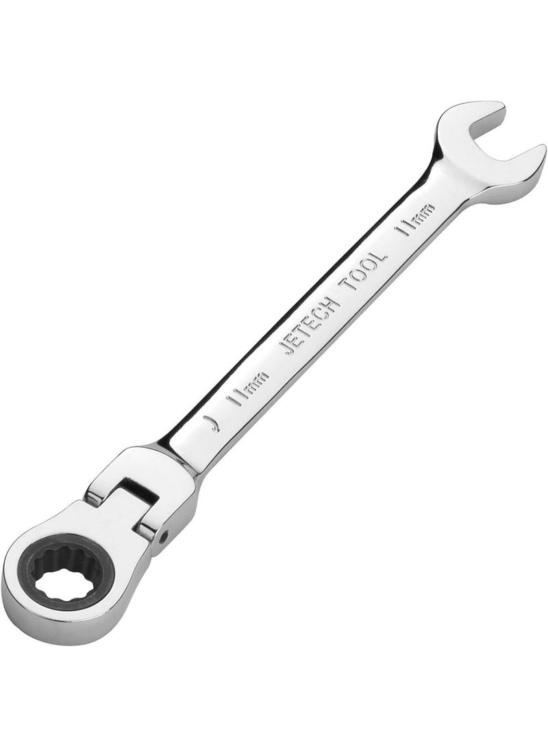 Jetech 11mm Flexible Head Ratchet Combination Wrench, Industrial Grade Flex Ratcheting Spanner, Heat-Treated Cr-V Alloy Steel, 12 Point Ratchet Box Ended and Open End Spanner, Flex-Head Gear Wrench Silver - Image 1