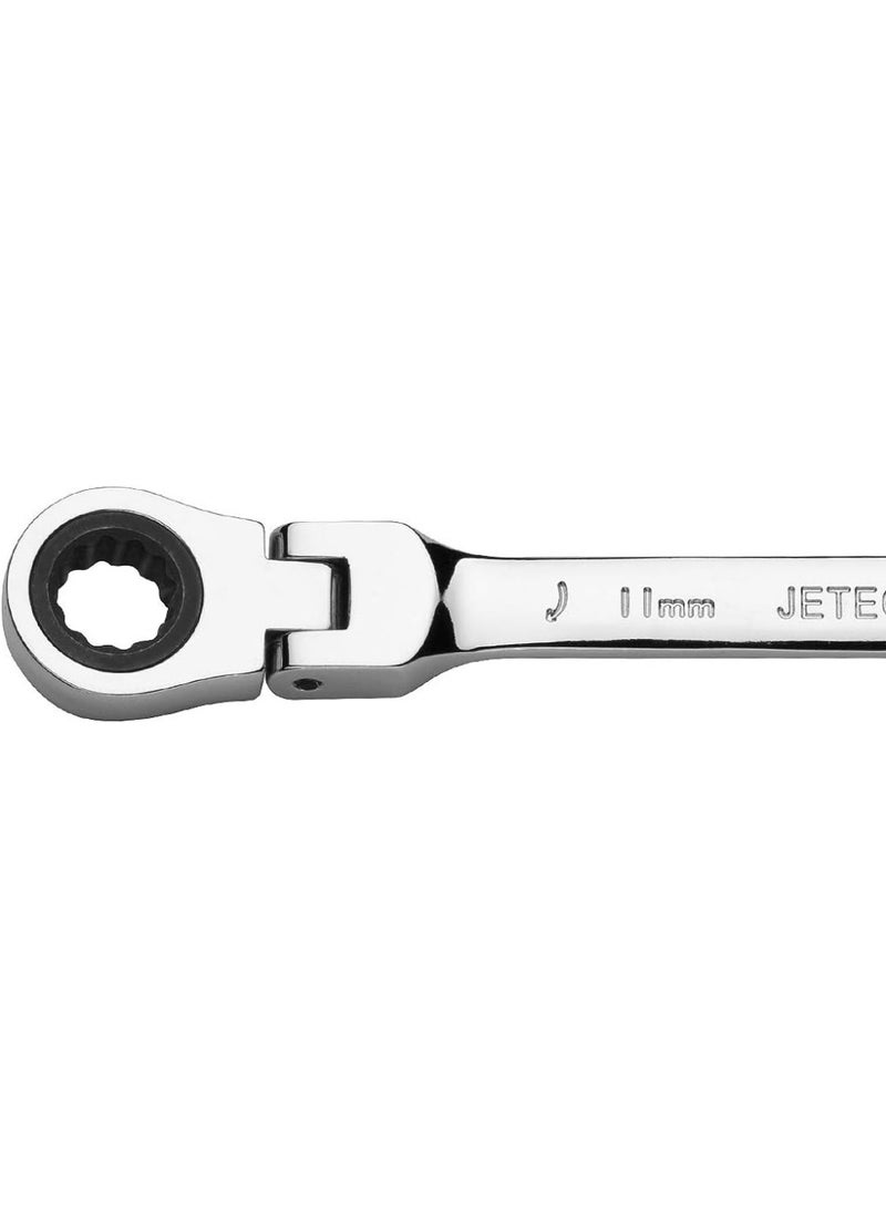 Jetech 11mm Flexible Head Ratchet Combination Wrench, Industrial Grade Flex Ratcheting Spanner, Heat-Treated Cr-V Alloy Steel, 12 Point Ratchet Box Ended and Open End Spanner, Flex-Head Gear Wrench Silver - Image 2