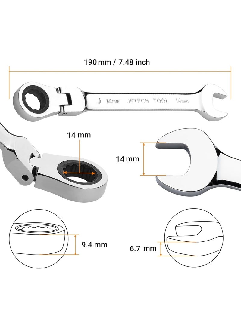 Jetech - Jetech 14mm Flexible Head Ratchet Combination Wrench, Industrial Grade Flex Ratcheting Spanner, Heat-Treated Cr-V Alloy Steel, 12 Point Ratchet Box Ended and Open End Spanner, Flex-Head Gear Wrench Silver - Image 1