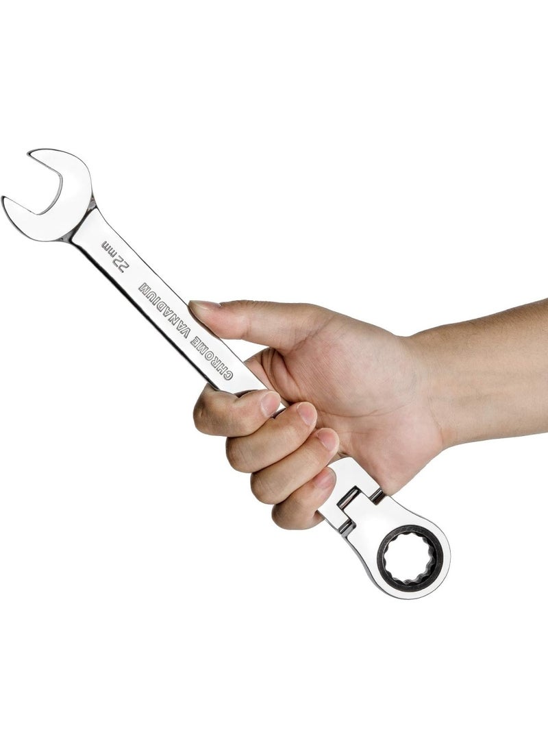 Jetech 22mm Flexible Head Ratchet Combination Wrench, Industrial Grade Flex Ratcheting Spanner, Heat-Treated Cr-V Alloy Steel, 12 Point Ratchet Box Ended and Open End Spanner, Flex-Head Gear Wrench Silver - Image 5
