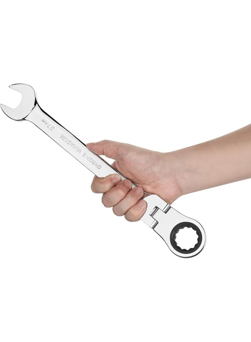 Jetech Jetech 27mm Flexible Head Ratchet Combination Wrench, Industrial Grade Flex Ratcheting Spanner, Heat-Treated Cr-V Alloy Steel, 12 Point Ratchet Box Ended and Open End Spanner, Flex-Head Gear Wrench Silver  - Image 5