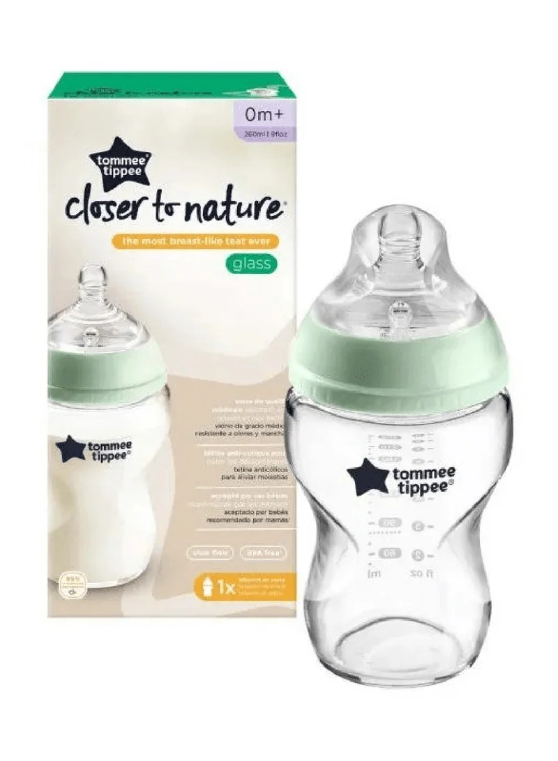 tommee tippee Pack Of 1 Closer To Nature Glass Baby Bottle Slow Flow Breast-Like Teat With Anti-Colic Valve 250ml/9oz 0M+ Assorted