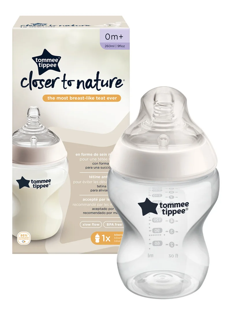 tommee tippee Pack Of 1 Closer To Nature Baby Bottle, Anti-Colic Valve For 0 Months+ 260 ml, Clear