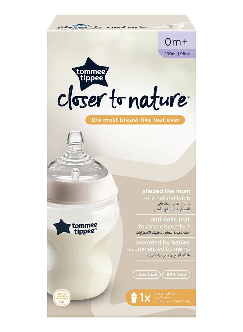 tommee tippee Pack Of 1 Closer To Nature Baby Bottle, Anti-Colic Valve For 0 Months+ 260 ml, Clear
