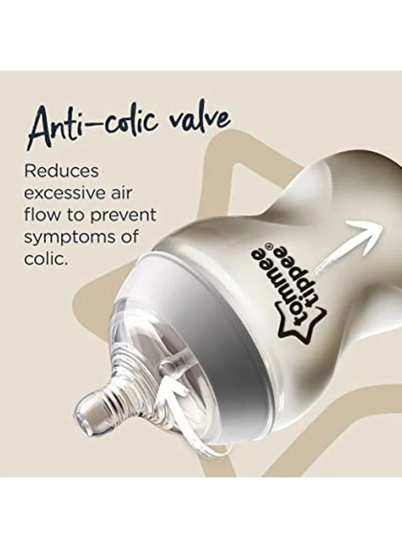 tommee tippee Pack Of 2 Closer To Nature Baby Feeding Bottles With Anti-Colic Valve, Slow-Flow, 0 Months +, 2 X 260 ML, Clear