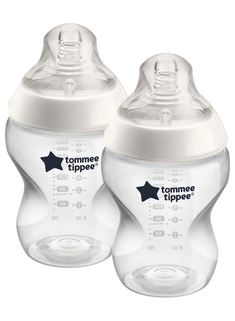 tommee tippee Pack Of 2 Closer To Nature Baby Feeding Bottles With Anti-Colic Valve, Slow-Flow, 0 Months +, 2 X 260 ML, Clear