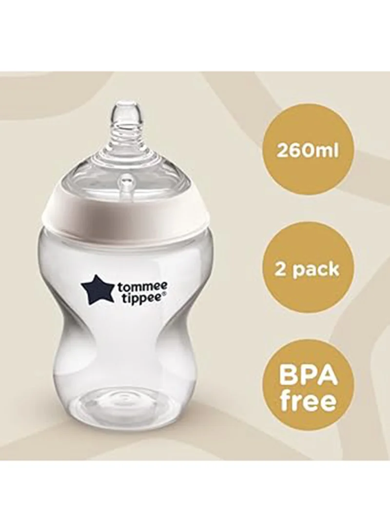 tommee tippee Pack Of 2 Closer To Nature Baby Feeding Bottles With Anti-Colic Valve, Slow-Flow, 0 Months +, 2 X 260 ML, Clear