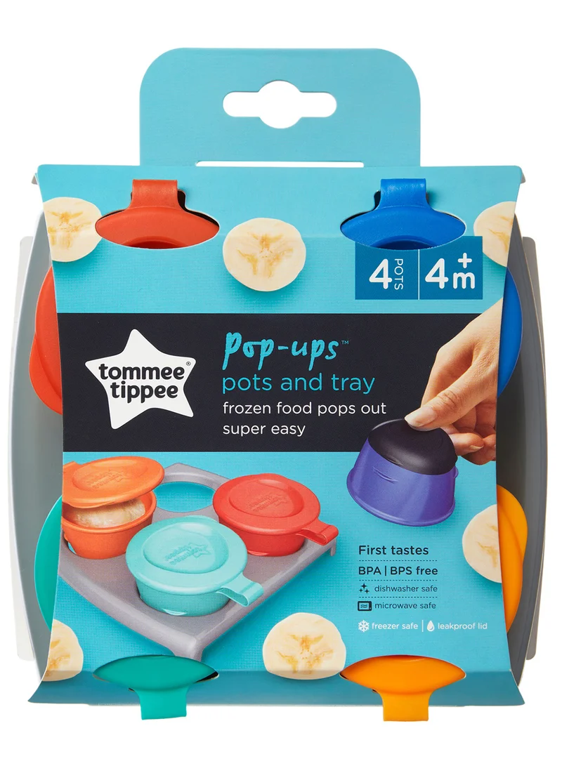 tommee tippee Pack Of 4 Pop Up Freezer Weaning Pots With Tray, Baby Food Containers With Soft Push Up Bases, 4 Months+, 60ml Multicolour (  Packaging May Vary )