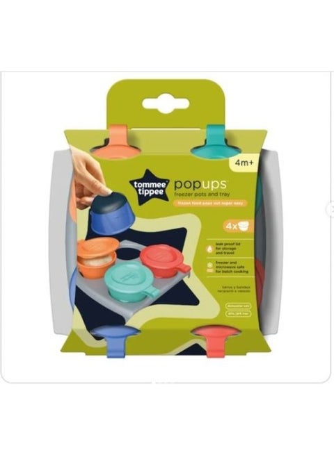 Pack Of 4 Pop Up Freezer Weaning Pots With Tray, Baby Food Containers With Soft Push Up Bases, 4 Months+, 60ml Multicolour (  Packaging May Vary )