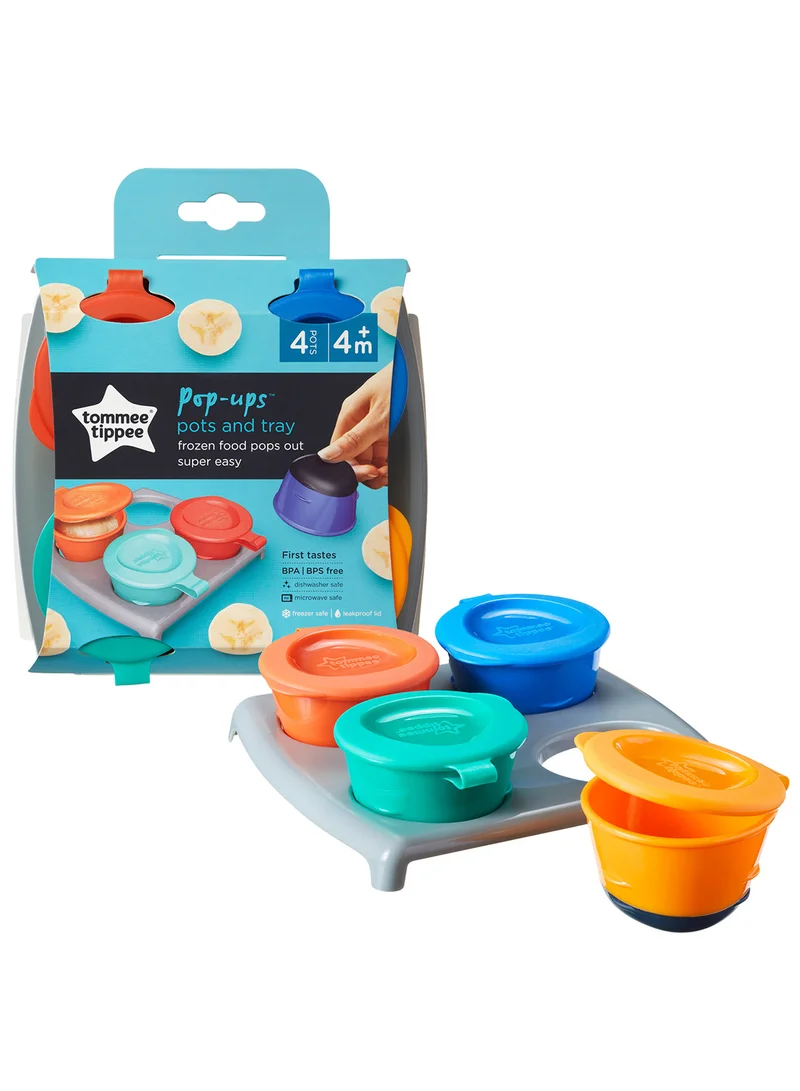 tommee tippee Pack Of 4 Pop Up Freezer Weaning Pots With Tray, Baby Food Containers With Soft Push Up Bases, 4 Months+, 60ml Multicolour (  Packaging May Vary )