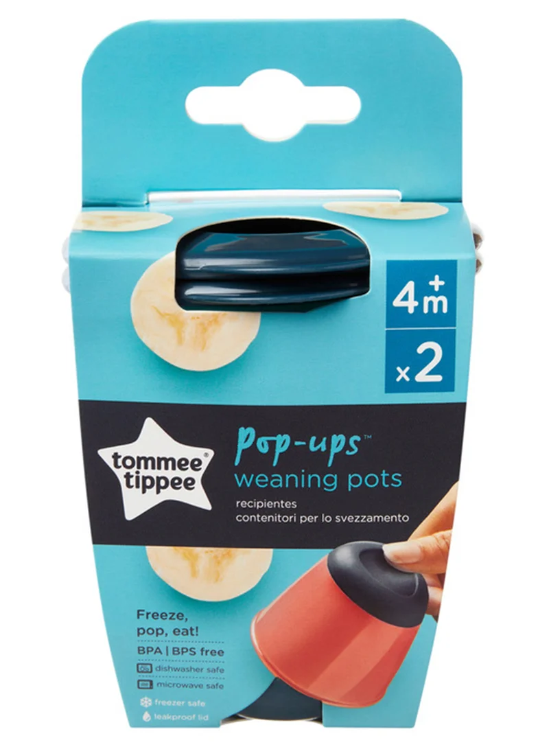 tommee tippee Pack Of 2 Pop Up Weaning Pots, Baby Food Containers With Soft Push Up Bases, Freezer Safe 4 Months+, Blue - Packaging May Vary