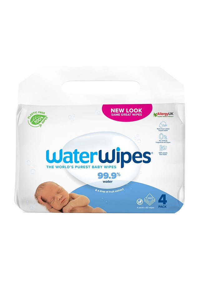 WaterWipes - Pack Of 4 Original Plastic Free, 99.9% Water Based Baby Wet Wipes And Unscented For Sensitive Skin - 240 Count - Image 1
