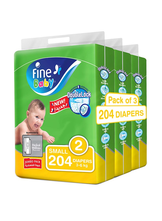 Fine Baby Baby Diapers, Size 2, 3 - 6 Kg, 204 Count (68 x 3) - Small, Jumbo Pack, Double Lock Technology Prevents Leakage  - Image 1