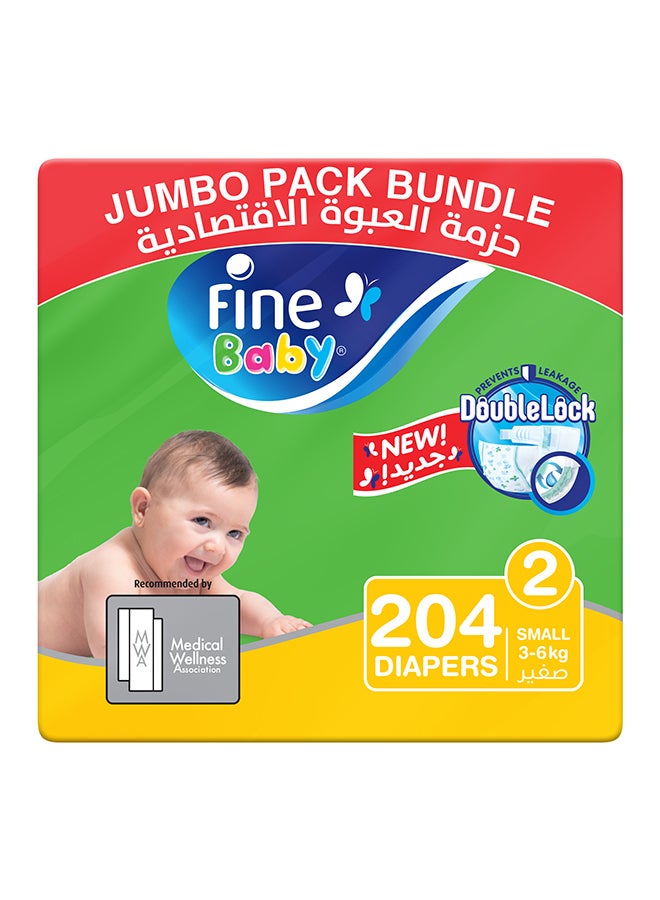Fine Baby Baby Diapers, Size 2, 3 - 6 Kg, 204 Count (68 x 3) - Small, Jumbo Pack, Double Lock Technology Prevents Leakage  - Image 2