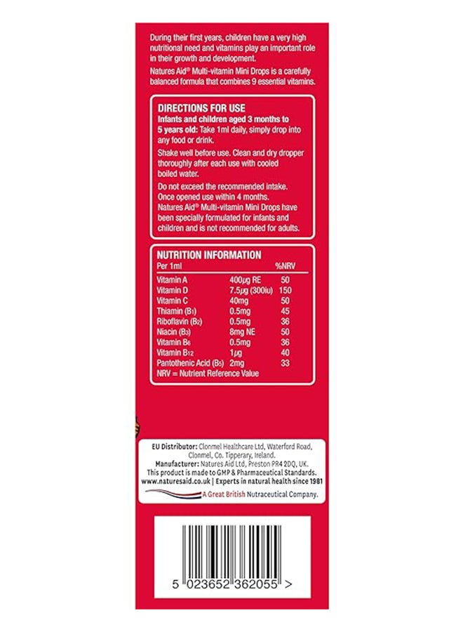 Natures Aid Mini Drops Multi Vitamin Orange Flavor Sugar Free With 9 Essential Vitamins Daily Support Food Supplement 50Ml - Image 3