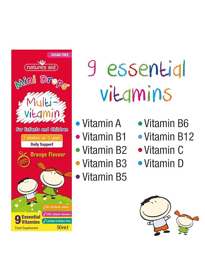 Natures Aid Mini Drops Multi Vitamin Orange Flavor Sugar Free With 9 Essential Vitamins Daily Support Food Supplement 50Ml - Image 2