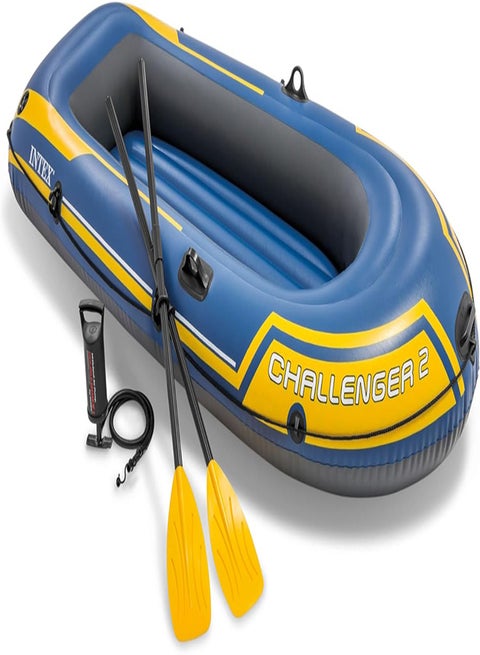 INTEX Challenger Inflatable Boat Series: Includes Deluxe Boat Oars and High-Output Pump – SuperStrong PVC – Triple Air Chambers – Welded Oar Locks – Heavy Duty Grab Handle 236x14x114cm