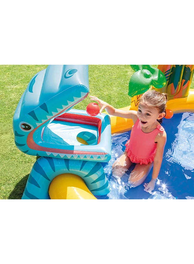 INTEX Intex Inflatable Dinosaur Play Center Outdoor Playhouse Inflatable Water Park with Kid Pool Slide, Water Sprayer, Waterfall, and 6 Balls, Multicolor 249x191x109cm